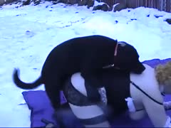 Outside, a dog fucking woman's cum hole